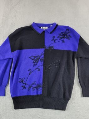 Vintage Two-Tone Black & Blue Collared Sweater